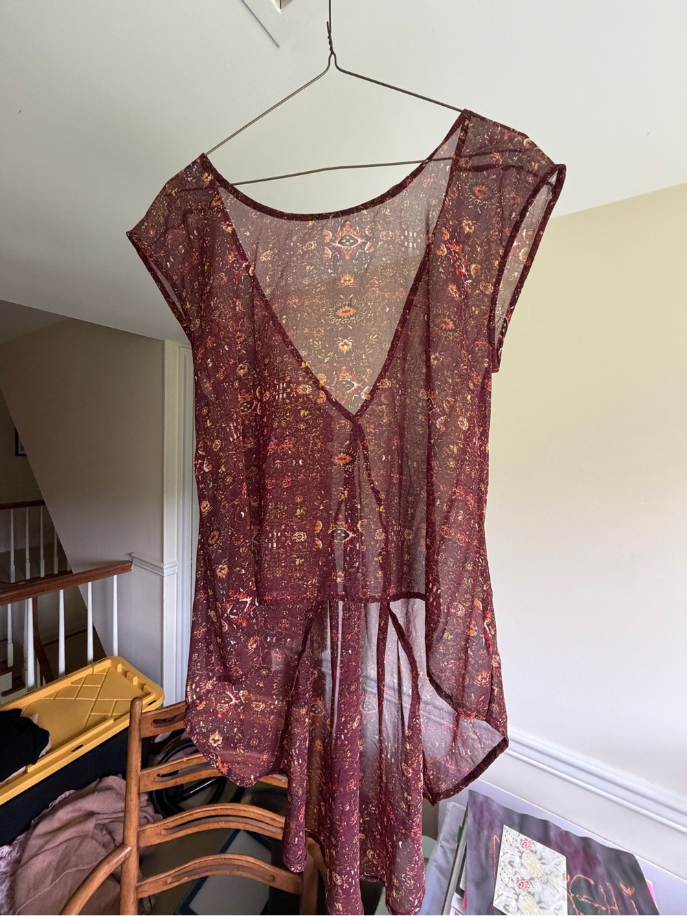 Band of Gypsies Sheer Burgundy Floral Tie-Front Tank